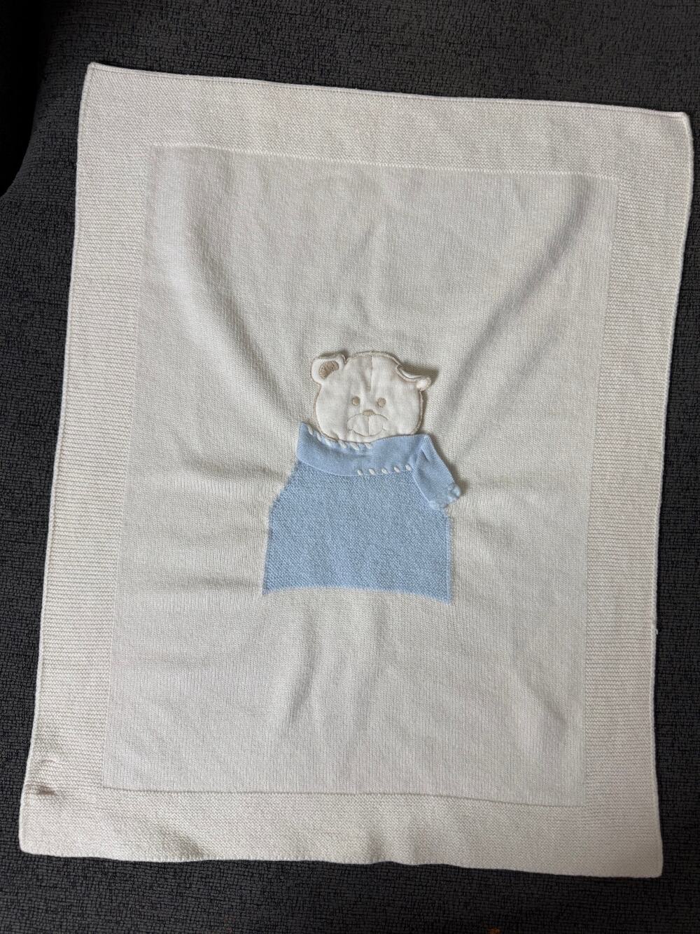 Bimbalo Italy 100% Wool Baby Blanket Ivory Blue Teddy Bear Applique 21x27